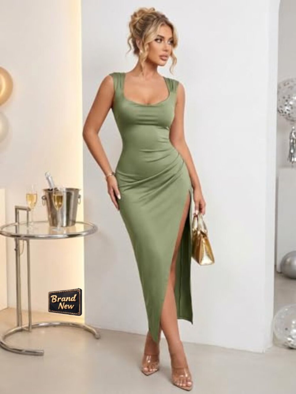 Backless Ruched Bodycon Dress High Slit Scoop Neck Bow Tie Midi Formal Prom - Picture 4 of 5